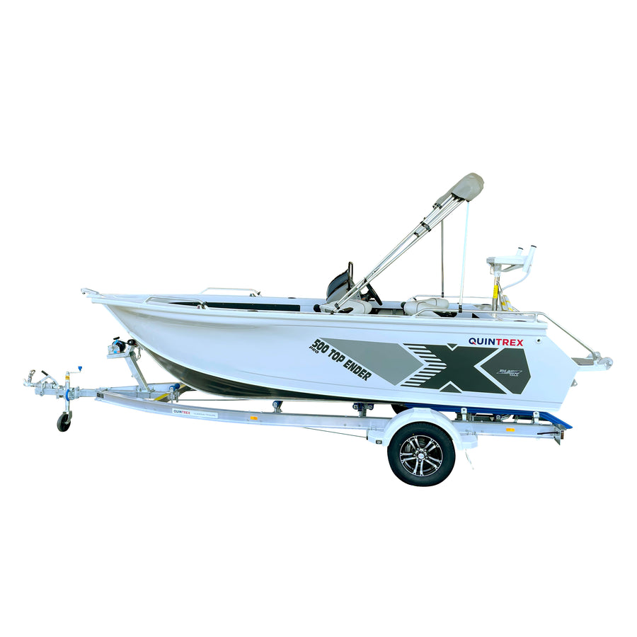 White boat with 'Quintrex' branding on a trailer against a white background